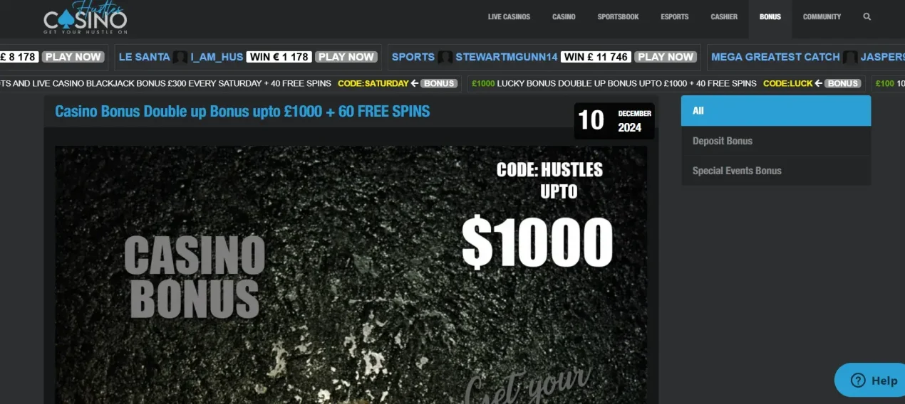 Current Hustles Casino deposit promotion showing the HUSTLES bonus headline and terms