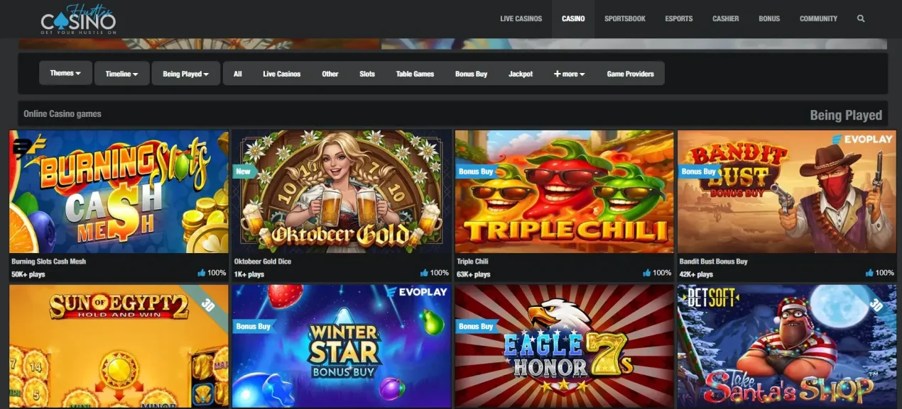 Current Hustles Casino game library showing real game categories or provider filters