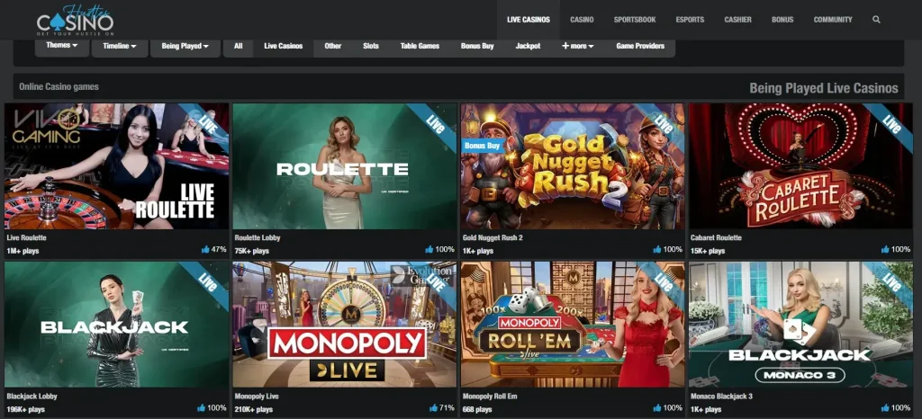 Current Hustles Casino live dealer lobby showing genuine live table entries