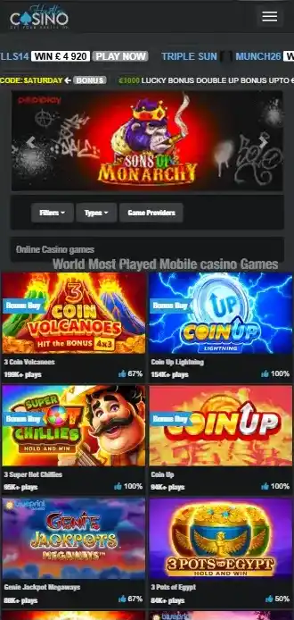 Current Hustles Casino mobile-optimised games page displayed at a narrow viewport