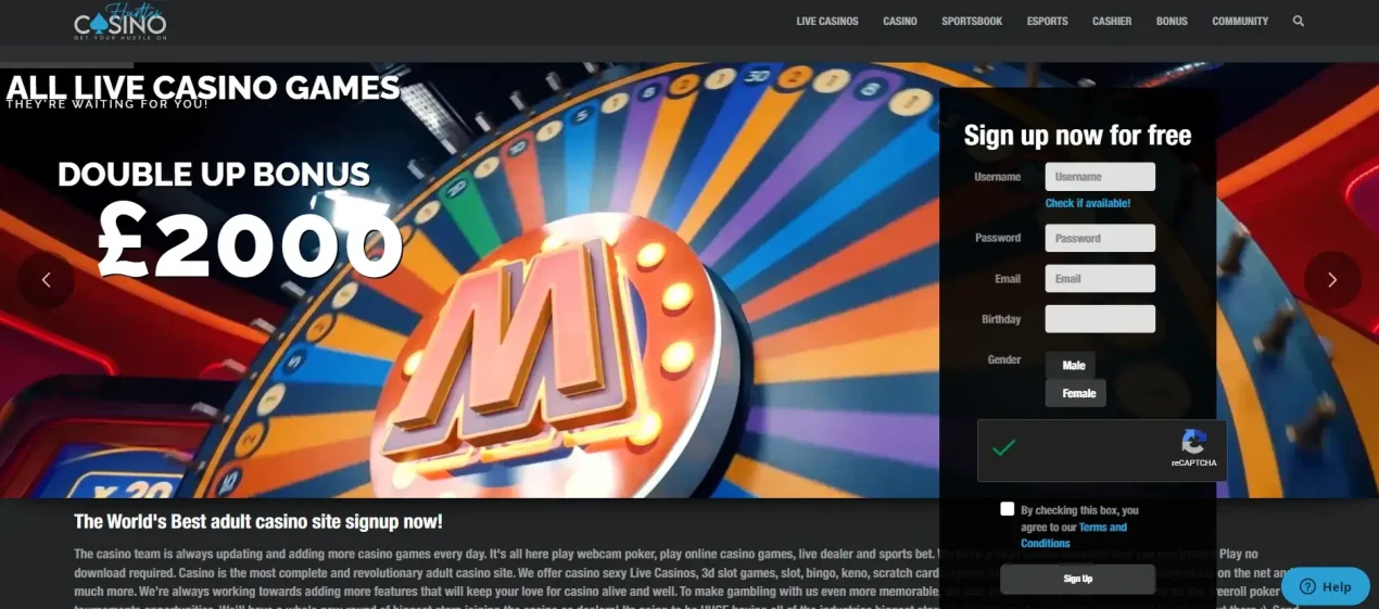 Current Hustles Casino sign-up form with registration fields and terms acceptance