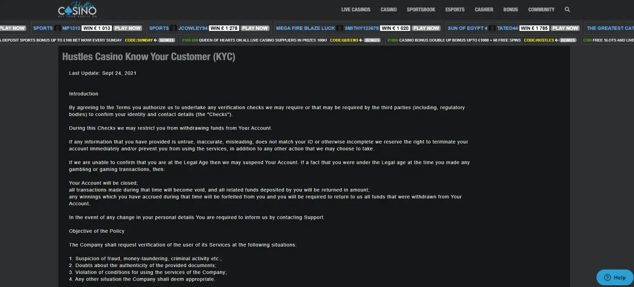 Current official Hustles Casino KYC page showing identity and document guidance