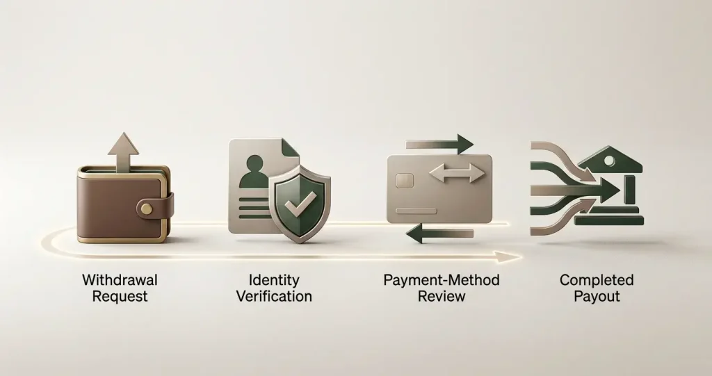 Illustrated withdrawal journey showing a request, verification check, payment-method review and payout stage